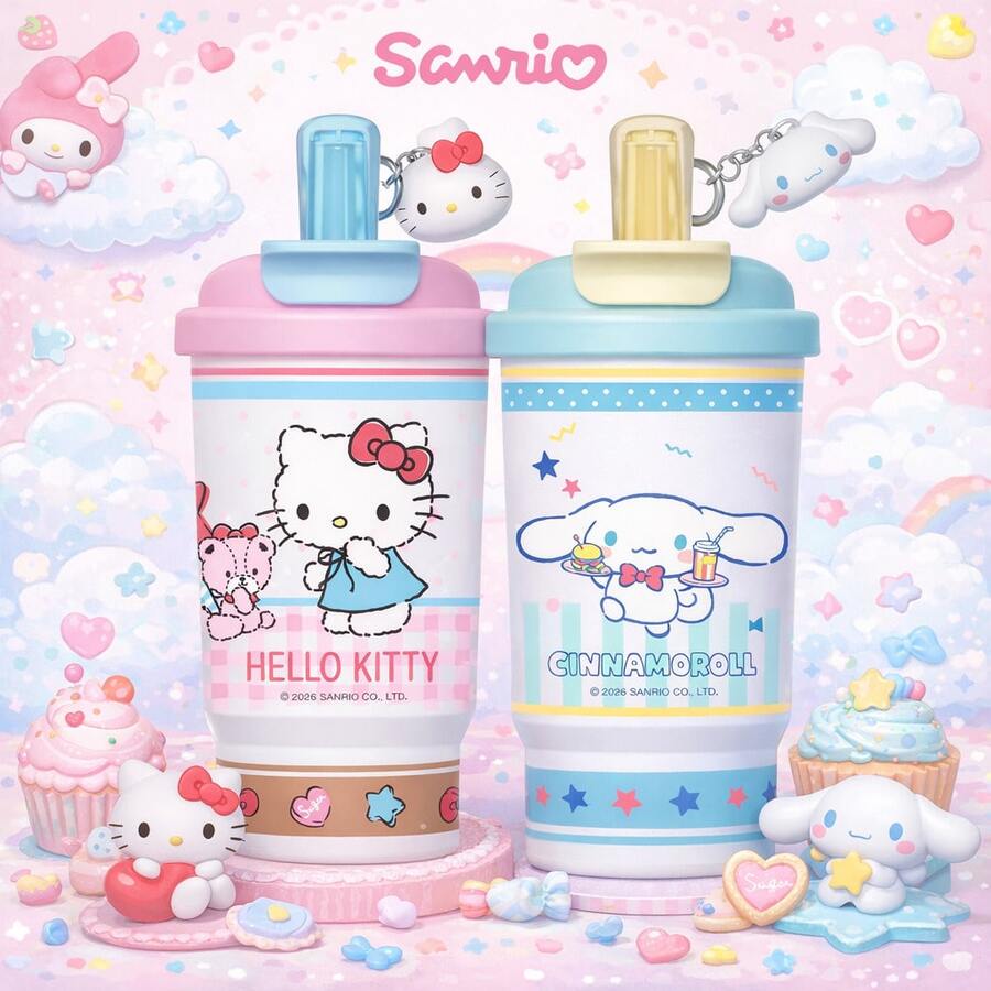 名创优品三丽鸥保温杯可爱卡通Hello Kitty肉桂狗保温吸管杯不锈钢真空保温杯便携式车载咖啡杯水瓶礼品430毫升/15盎司 - 彩色 - 查看 1