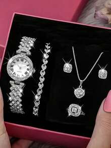 6pcs Women's Watch Set, Alloy Rhinestone Quartz Watch With Roman Numerals, Alloy Rhinestone Bracelet Necklace Earrings Ring Jewelry Set - Silver - View 6
