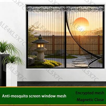 Black Striped Magnetic Sheer Curtain, Tool-Free Installation With Adhesive Tape, Removable, Summer Home Window Insect Screen, Multiple Sizes Available