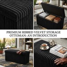 Aafan Ribbed Velvet Large Ottoman Storage Bench, Folding Ottoman Storage Box, Footstool Or Storage Chest With Lid For Bedroom, Wooden Box Fleece Cover - Negro - Ver 2