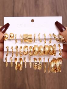 Bộ 36/12 khuyên tai vòng tròn thanh lịch tối giản, đính đá lấp lánh và ngọc trai giả, nhiều kiểu dáng xoắn, thích hợp để đeo hàng ngày, tiệc tùng và thường ngày - Vàng - Xem 8