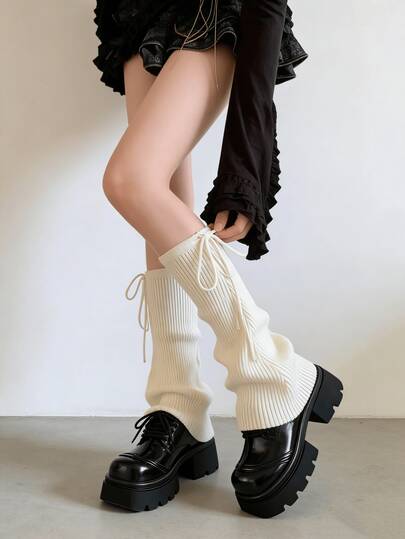 1 Pair White/Gray Bow Tie Solid Color Flared Knit Leg Warmers