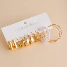 6对简约优雅C形和方形扭纹金属耳环，时尚黄金首饰 - 彩色 - 查看 5