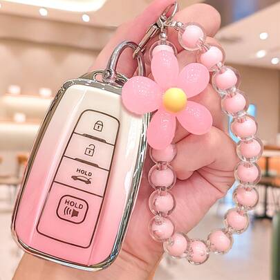 Suitable For Car Key Chain Cover With Flower Beaded Pendant, Gradient Pink, Gradient Blue Soft TPU Full Protection Case, Fit For 2018-2022 RAV4 Camry Corolla Avalon C-HR Prius GT86 Highlander, Gift For Men And Women, Valentine's Day Gift, Easter Gift