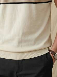 Men's Retro Style Crew Neck Short Sleeve Knit Sweater, Cream Color With Black And Light Brown Striped, Slim Fit - Champagne - View 6