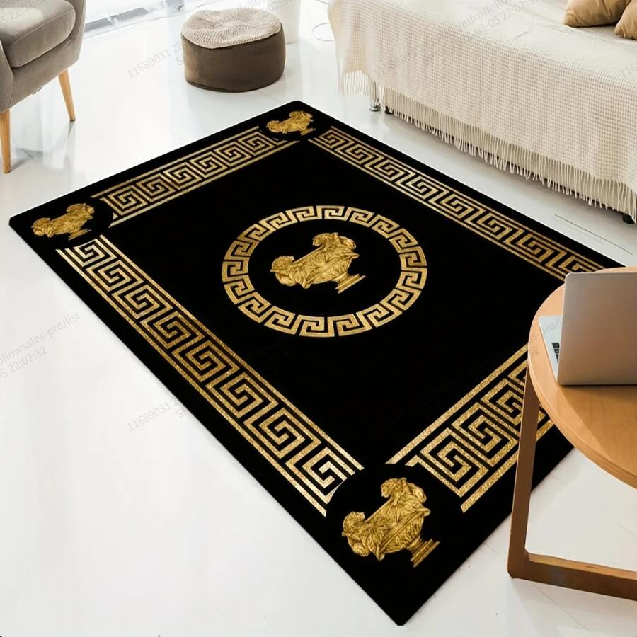 1pc, Flannel Carpet, Black With Golden Accents, Machine Made Polyester, Non-Slip Backing, Lightweight, Washable, Rectangle, 0.2 Inches Thick, For Entryway, Bedroom, Living Room