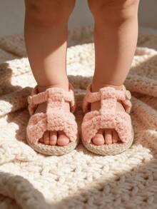 1 Pair Handmade Crochet Infant Sandals, Pink Bow Design, Soft Knit Footwear, Infant Shoes - Pink - View 6
