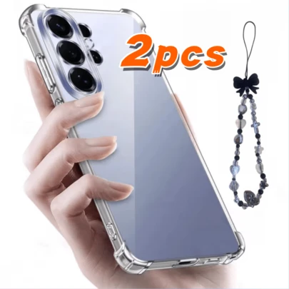 2pcs (1 Transparent TPU Phone Case + 1 Black Bow Lanyard), Compatible With Samsung Galaxy S20/Galaxy A12/Galaxy A03/Galaxy A06/Galaxy A11/Galaxy A16/Galaxy A70/Galaxy A50/Galaxy S25/Galaxy S21/Galaxy S22/Galaxy A07 And Similar Smartphones, Transparent Corner Shockproof Phone Case, Phone Case, Shockproof Phone Case, Transparent Phone Case, Minimalist Phone Case, Solid Color Phone Case, Transparent Phone Case, TPU Shockproof Phone Case