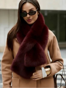 1件装女士仿皮草围巾披肩，时尚百搭保暖围巾披肩，适合日常佩戴，秋冬季 - 酒紅色 - 查看 2