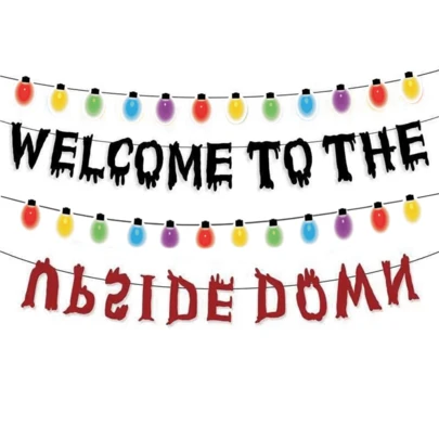 1套，“欢迎来到另一个世界”DIY闪光串旗，闪亮主题派对，惊悚万圣节生日横幅，陌生人生日派对横幅，陌生人主题派对装饰，恐怖陌生人派对背景装饰，森林怪诞