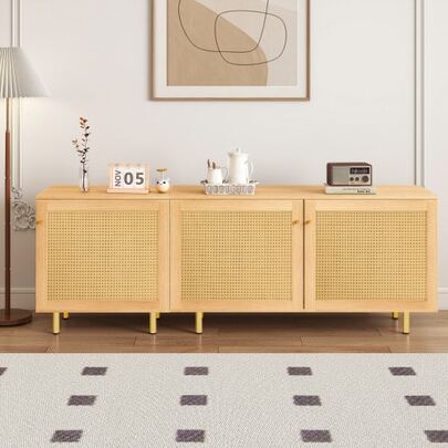 Modular Storage Units, Three-Door Rattan Sideboard, Rustic-Style Dining Room Cabinet. Natural Wood Grain Finish - Height 63 Cm / Width 180 Cm / Depth 40 Cm