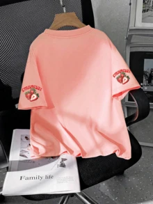 Plus Size Women's Strawberry Print Round Neck T-Shirt, Suitable For Summer Holiday, Beach, Vacation, Spring Holiday, Valentine's Day, Mother's Day Gift Pink Casual - Pink - View 3