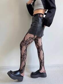 New Spring/Summer Dark Goth JK Stockings, Asymmetrical Rose Jacquard Fishnet Pantyhose, Hollow Out Design - Clear - View 11
