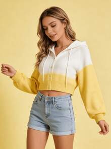 Women'S Casual Yellow & White Color Block Hooded Sweater - Cozy Long Sleeve Cardigan With Button Details, Perfect For The Transition From Autumn And Winter To Spring, Relaxed Fit, Long Sleeve Sweater    Women One-Pieces   Jumpsuit De Mujer Easter - 芥末黃 - 查看 2