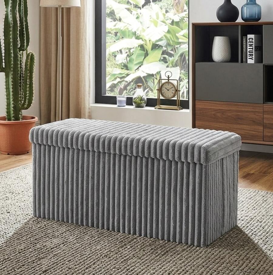 Aafan Ribbed Velvet Large Ottoman Storage Bench, Folding Ottoman Storage Box, Footstool Or Storage Chest With Lid For Bedroom, Wooden Box Fleece Cover - Grey - View 1