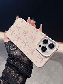 1pc White Matte Textured Personalized Phone Case With Pink Bowknot & Heart Pattern, Suitable For IPhone 16 Pro Max, 15, 14 Plus, 13, 12, 11 - Multicolor - View 5