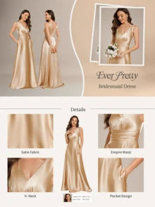 EVERPRETTY 优雅V领无袖香槟色缎面长款伴娘礼服，适合婚礼、半正式派对、婚礼宾客、鸡尾酒会及其他场合。 - 香檳色 - 查看 9