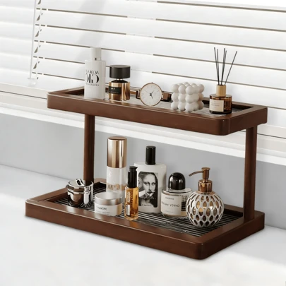 Estantería de 2 niveles de bambú para encimera con fondo de acrílico transparente, almacenamiento de cosméticos y especias antivuelco para espacios pequeños
