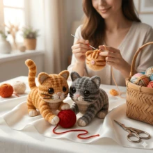 2026 可爱钩针猫咪套装，DIY钩针编织套装，手工组合套装，含毛线、适合初学者的图案、可爱宠物编织工艺套装，附带分步视频教程和说明 - 兩隻貓 - 查看 1