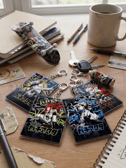 4个GACHIAKUTA动漫人物亚克力吊坠钥匙扣，图案为斩击二重/鲁多/炎神/玲央日文文字，可爱钥匙扣饰品