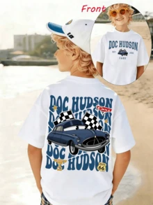 Disney Cars Double-Sided Letter Print, Boys' T-Shirt - Children's Clothing Design Short Sleeved Casual Cute Style Comfortable And Relaxing Suitable For Both Boys And Girls, Perfect For Gatherings And Play, Machine Washable Gift For Children's Clothing Girls' Short Sleeved Shirt - 白色 - 查看 1