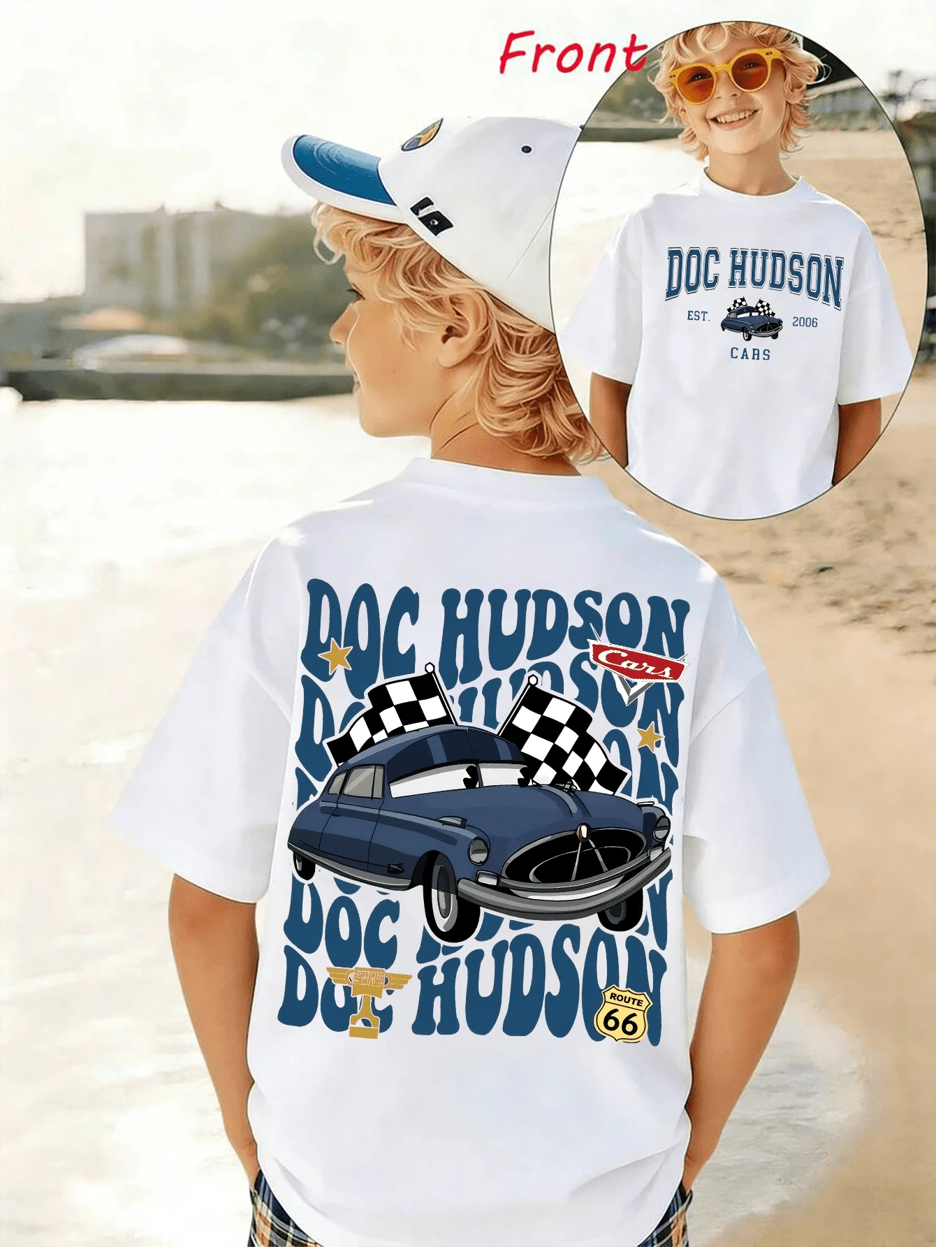 Disney Cars Double-Sided Letter Print, Boys' T-Shirt - Children's Clothing Design Short Sleeved Casual Cute Style Comfortable And Relaxing Suitable For Both Boys And Girls, Perfect For Gatherings And Play, Machine Washable Gift For Children's Clothing Girls' Short Sleeved Shirt - 白色 - 查看 1