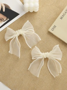 2pcs Minimalist Bohemian Style Pearl Rimmed Bow Hair Clips, Suitable For Daily Wear, School, Travel, Gifting To Girlfriend - Multicolor - View 8