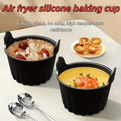 Bộ 4 khuôn nướng bằng silicon màu đen dùng cho nồi chiên không dầu, lò nướng và lò vi sóng, thích hợp làm bánh cupcake, muffin, pudding, tart, custard, với thiết kế chống trượt, chất liệu chịu nhiệt, lý tưởng cho việc làm bánh tại nhà.