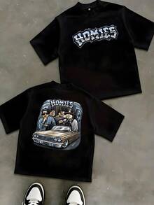 Artwork Showing Close Friends In A Lowrider Car Is On This Tee Relaxedfit Doublesided Print Tshirt Featuring The Word Homies Displayed On Both Front And Back Graphics. - 黑色 - 查看 1