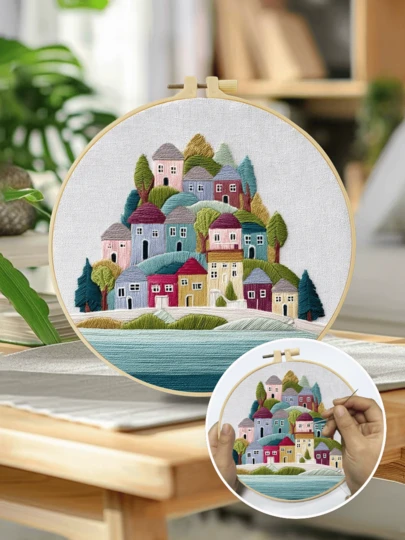 1 Embroidery Kit, Size 15*15cm/5.9*5.9in-20*20cm/7.9*7.9in, Featuring A Mountain Cottage Theme, This DIY Embroidery Kit Includes A Hoop, Pre-Printed Fabric, Embroidery Hoop, Needle And Thread, And Instructions. Suitable For Adults And Beginners, It Makes A Perfect Home Decor Piece Or Gift For Family And Friends.