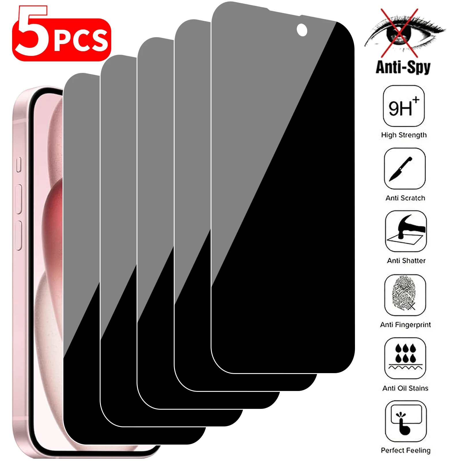 5pcs Privacy Screen Protector, Anti-Peeping, Anti-Spy, Tempered Glass, Anti-Scratch, Suitable For Phone Cases, Anti-Drop, Anti-Explosion, Anti-Oil Anti-Scratch Coating