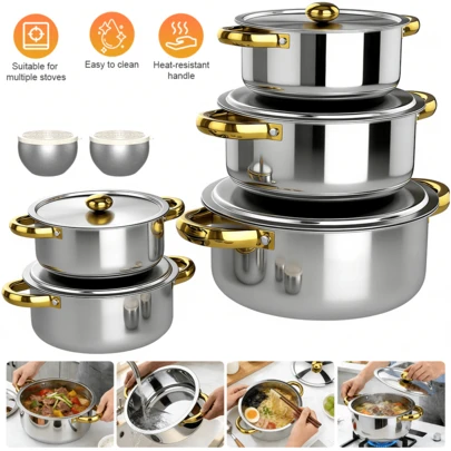 Lislark Stainless Steel Cookware Set 12pcs Non Stick Kitchen Pot And Pan Set With Lids Classic Cooking Set,Saucepan, Frying Pan Pot & Casserole Stainless Steel Cookware For Gas Electric And Induction Cooktops