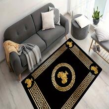 1pc, Flannel Carpet, Black With Golden Accents, Machine Made Polyester, Non-Slip Backing, Lightweight, Washable, Rectangle, 0.2 Inches Thick, For Entryway, Bedroom, Living Room - A - View 3