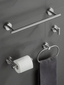 1pc Stainless Steel Towel Bar, Bathroom Towel Rack Paper Towel Holder, Drill-Mounted Hooks, Multi-Function Storage Bar (1 Set) (4 Pieces Set) - Silver - View 2