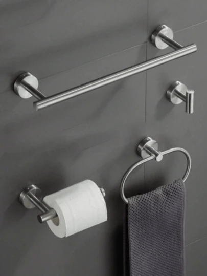 1 pieza Barra de toallas de acero inoxidable, Toallero de baño, Portarrollos de papel, Ganchos montados con taladro, Barra de almacenamiento multifunción (1 set) (Set de 4 piezas)