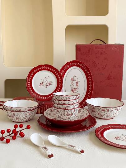 1セット フレンチ猫&フローラルパターン高級セラミックディナーウェア、スープボウル、スナック&デザート用プレート含む、自宅、レストラン、カフェ、新居祝い、パーティーに適しています