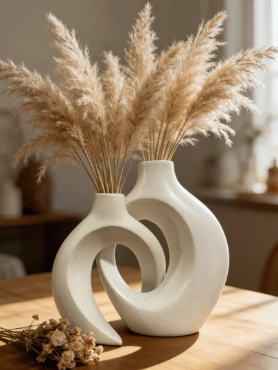 Levvohd 2件套黑色镂空树脂花瓶，圆形波西米亚甜甜圈造型现代花瓶，北欧简约风格装饰花瓶，适合现代时尚家居装饰，桌面摆放（无需电源）