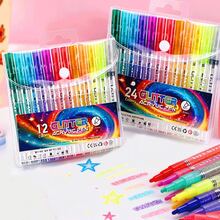 12/24 Colors Glitter Acrylic Paint Marker Pens Set, Pressure-Activated Ink, Built-In Metallic Glitter Effect, Water-Based Quick-Drying Easy-Clean, Suitable For Paper/Stone/Wood/Ceramic, Ideal For Journaling, Greeting Cards, DIY Crafts, Children's Drawing - Flash Direct Liquid Marker - View 2