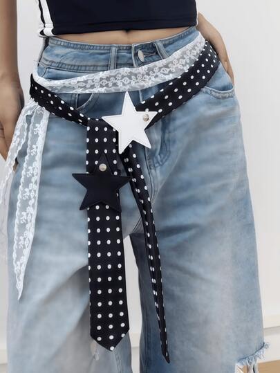 女士Y2K两件套腰带套装，波点豹纹星星装饰蕾丝边复古千禧风格百搭腰饰，适合爵士舞节、日常派对等场合穿着