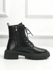 Women's Fashion Ankle Boots, Casual Side Zipper Lace-Up Combat Boots - Black - View 3