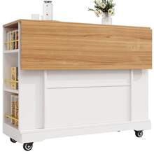 Modern Kitchen Island Table, Cabinet, Dining Cabinet, Wooden Dining Cart, Dining Cabinet, Multifunctional Dining Table With Storage, Dining Cart With Retractable Cabinet, White - White - View 2