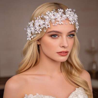 1件白色和红色花朵发箍，手工仿珍珠新娘发饰，婚礼装饰头饰