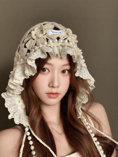 1顶日式甜美仿珍珠镂空花朵针织帽，夏季时尚手工钩编蕾丝流苏帽