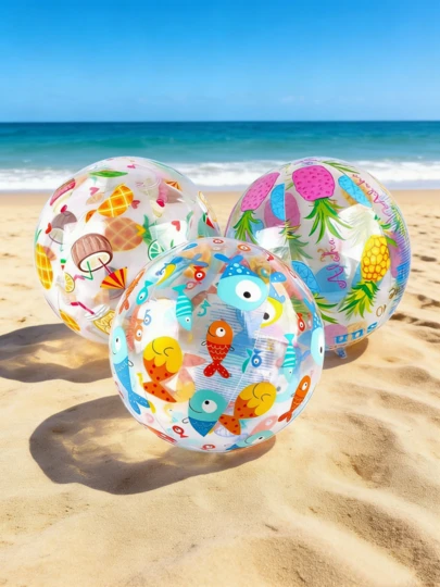 1 pieza Pelota de playa inflable - Material de PVC, con patrón de peces tropicales, piña y estrella de mar en colores variados, adecuada para fiestas en la piscina, diversión al aire libre en verano, pelota inflable de piscina | Ambiente de verano | Accesorio de playa - Estilo aleatorio