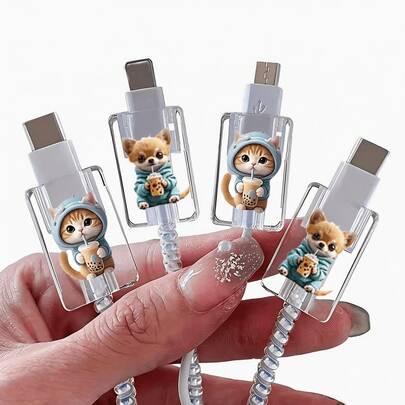 4pcs/Set Cute Milk Tea Cat & Dog Design Charging Cable Protector Sleeve Compatible With Apple IOS Devices, Ideal Gift For Friends, Christmas
