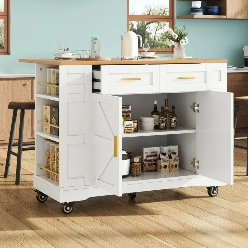 Modern Kitchen Island Table, Cabinet, Dining Cabinet, Wooden Dining Cart, Dining Cabinet, Multifunctional Dining Table With Storage, Dining Cart With Retractable Cabinet, White - White - View 1