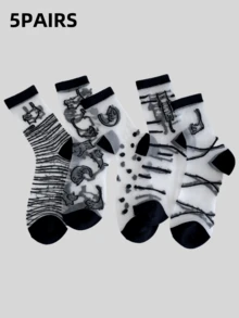 5双黑色线条猫咪印花透明网眼袜，夏季百搭女士中筒袜 - 黑色 - 查看 8