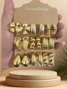 Elegant 6-18pcs/Set Hoop Earrings Set For Women - Fashionable Minimalist Style, Stainless Steel Earring Hooks, Perfect For Party And Gift - Gold - View 6