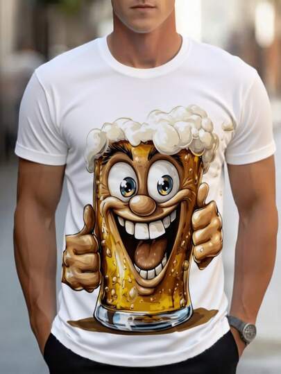 男士趣味啤酒爱好者图案T恤 - 笑脸啤酒杯设计 - 轻盈涤纶针织面料，适合派对、烧烤和休闲穿着 - 可机洗短袖T恤，夏季必备