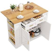 Modern Kitchen Island Table, Cabinet, Dining Cabinet, Wooden Dining Cart, Dining Cabinet, Multifunctional Dining Table With Storage, Dining Cart With Retractable Cabinet, White - White - View 10